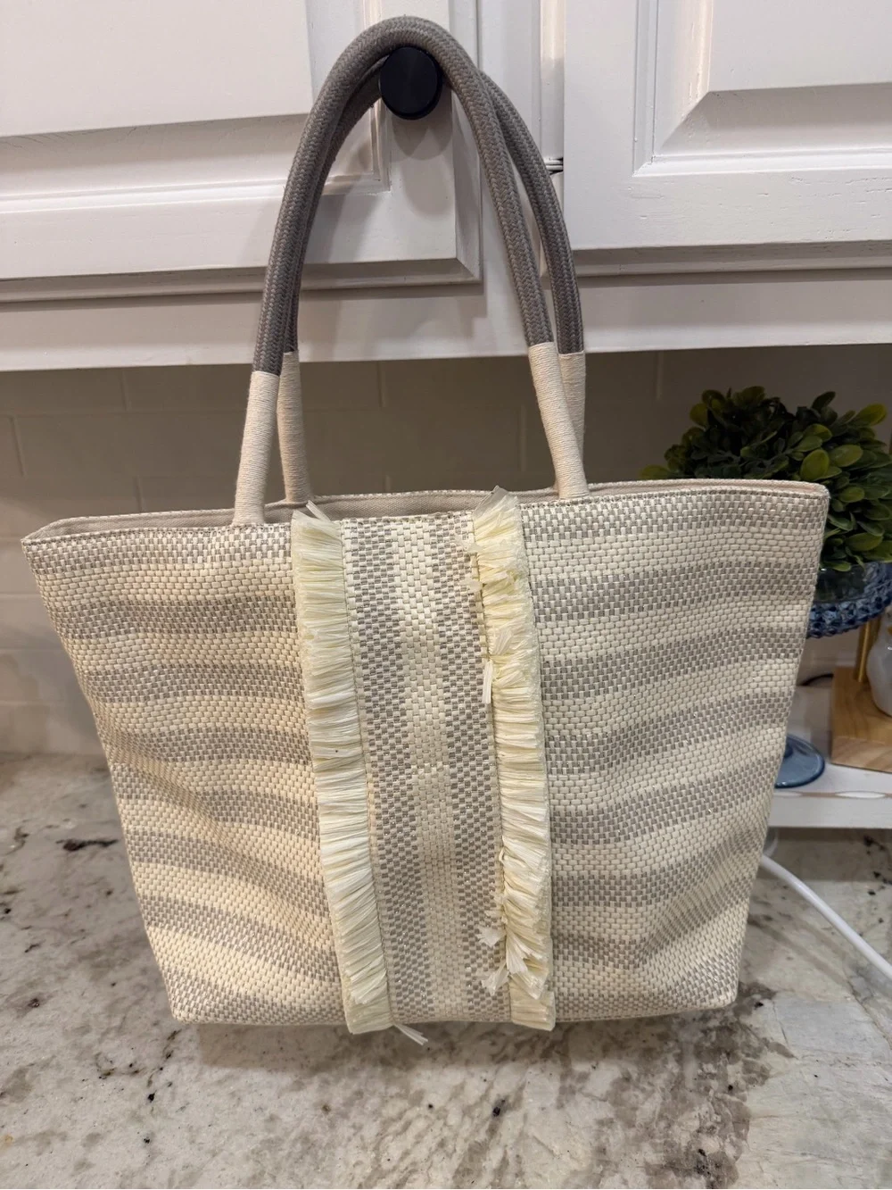 Stella & Dot Cream and Light Gray Striped Fringe Tote